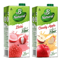 B Natural Apple Beverages, 1 litre + B Natural Litchi, 1 litre - Goodness of fiber